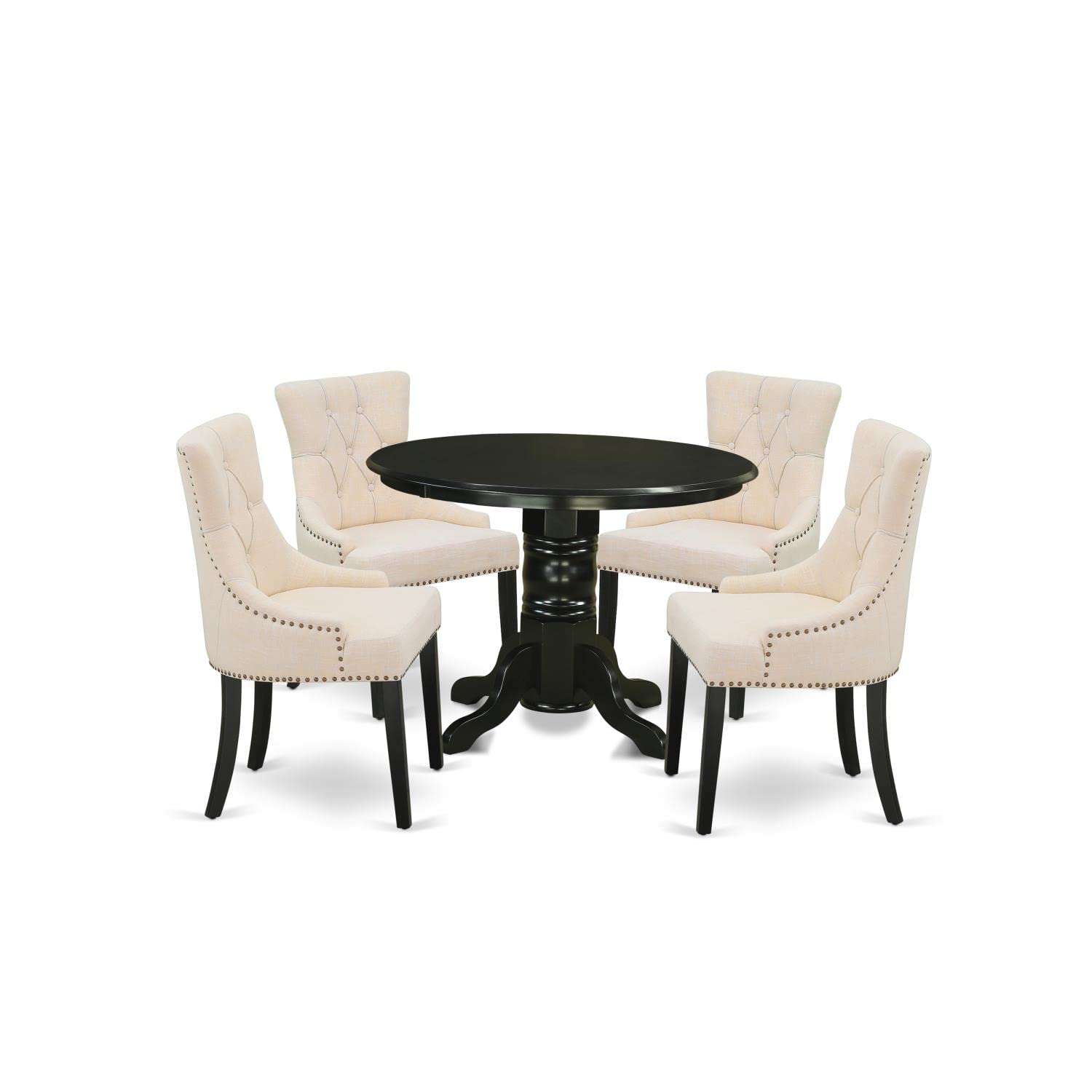 East West Furniture Shfr5-Blk-02 5 Piece Dining Room Table Set Includes A Round Kitchen Table With Pedestal And 4 Light Beige Linen Fabric Upholstered Chairs, 42X42 Inch, Black